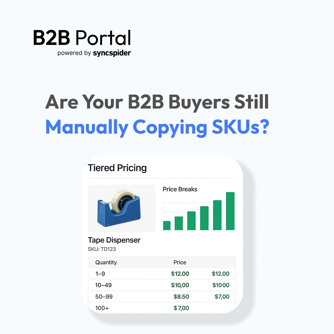 Your #B2B buyers don’t want to call, wait, or copy-paste SKUs.

They want to log in, order, and move on with their day.
✅ Let them do that.
✅ Let your team breathe.
✅ Let B2B Portal do the heavy lifting.

Start your upgrade → vist.ly/3n6pdyk
 #B2BPortal #SyncSpider