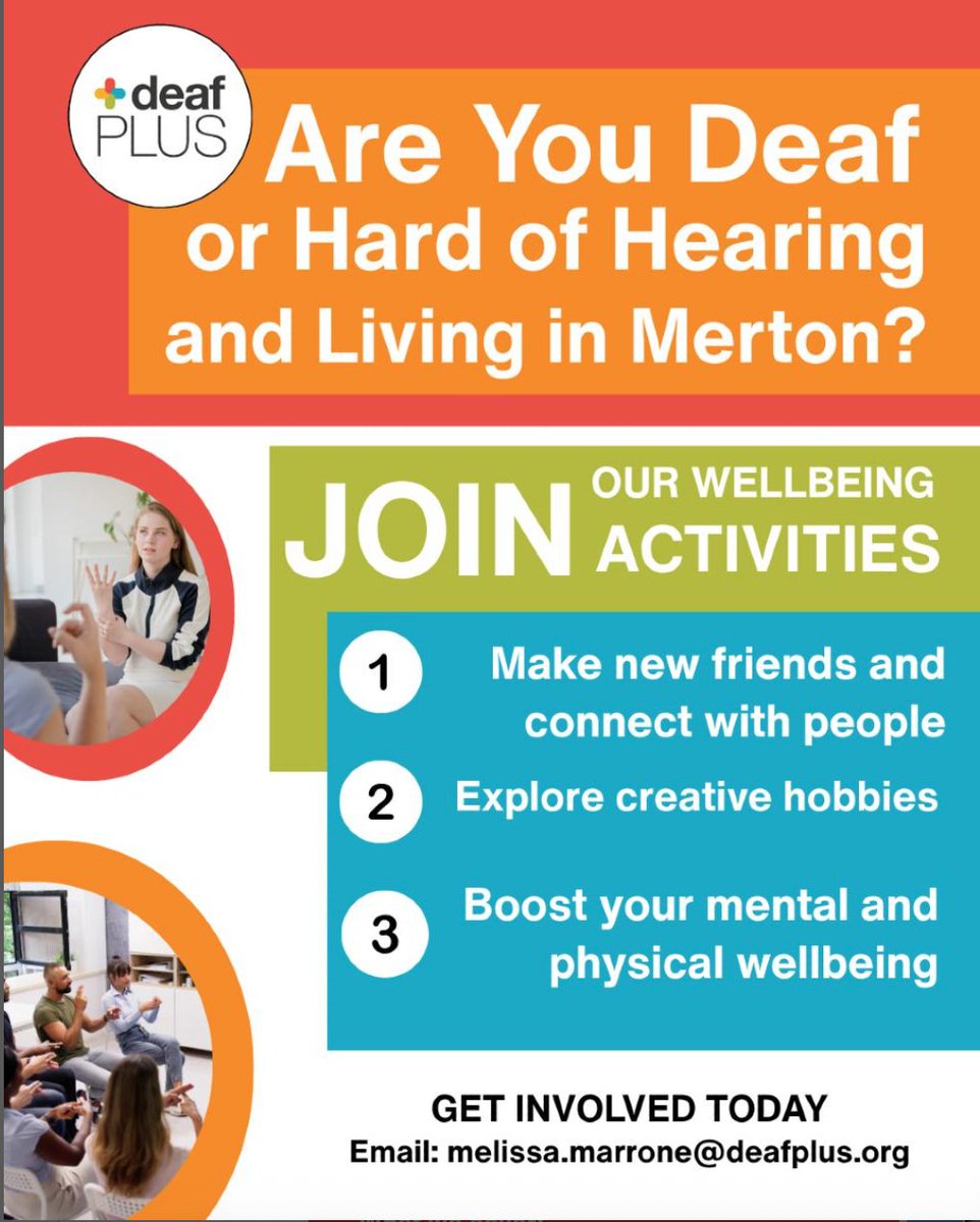 deafPLUS_UK (@deafplus_uk) on Twitter photo Living in Merton and Deaf or Hard of Hearing? Ready to Connect, Create, and Thrive? Join Our Wellbeing Activities!
Interested?
Email: melissa.marrone@deafplus.org
We’d love to have you join us! Living in Merton and Deaf or Hard of Hearing? Ready to Connect, Create, and Thrive? Join Our Wellbeing Activities!
Interested?
Email: melissa.marrone@deafplus.org
We’d love to have you join us!