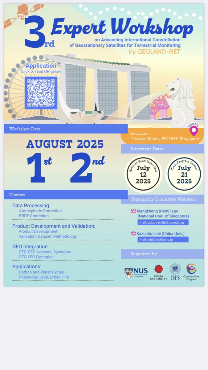 Announcement of the 3rd GEO Workshop from Aug 1 to 2 in Singapore !

Over this 1.5-day workshop, we’ll focus on discussions around the processing, production, validation, and application of various GEO satellites.

Registration by July 12 via forms.gle/9nStvJWm3BP9ji…