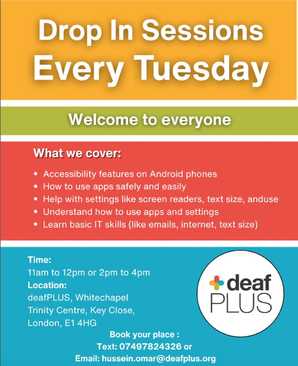 deafPLUS_UK (@deafplus_uk) on Twitter photo Struggling with your phone or apps?
When: Every Tuesday
Choose a time that suits you: 11:00 AM – 12:00 PM or 2:00 PM – 4:00 PM
Where: deafPLUS, Whitechapel, Trinity Centre, Key Close, London E1 4HG
Want to join?
Text: 07497 824326
Email: hussein.omar@deafplus.org Struggling with your phone or apps?
When: Every Tuesday
Choose a time that suits you: 11:00 AM – 12:00 PM or 2:00 PM – 4:00 PM
Where: deafPLUS, Whitechapel, Trinity Centre, Key Close, London E1 4HG
Want to join?
Text: 07497 824326
Email: hussein.omar@deafplus.org