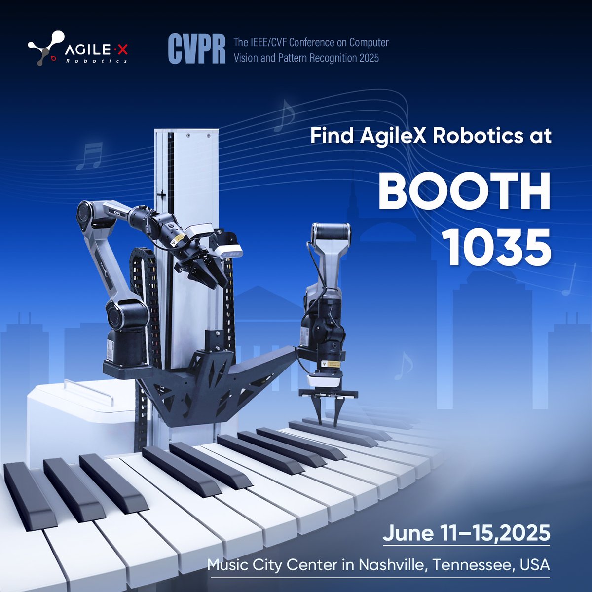 AgilexRobotics's tweet image. We’re live in Nashville at AgileX Robotics booth #1035 at @CVPR  (June 11–15 @ Music City Center)! Come to try our PiPER and Pika. See you there! 

global.agilex.ai

#Robotics #AI #CVPR2025