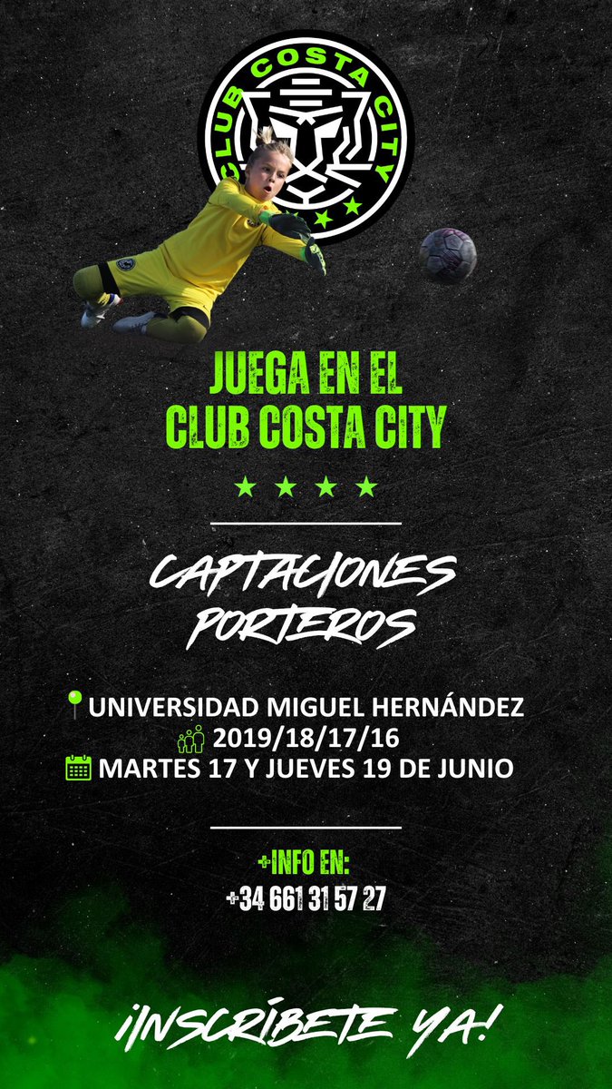 🟢 𝐽𝑢𝑒𝑔𝑎 𝑒𝑛 𝑒𝑙 𝐶𝑙𝑢𝑏 𝐶𝑜𝑠𝑡𝑎 𝐶𝑖𝑡𝑦 ⚫️

𝗖𝗮𝗽𝘁𝗮𝗰𝗶𝗼𝗻𝗲𝘀 𝗣𝗼𝗿𝘁𝗲𝗿𝗼𝘀 𝟮𝟱/𝟮𝟲

📅 Martes 17 y Jueves 19 de Junio
🧤 2019/18/17/16
📍 Universidad Miguel Hernández 

¡Inscríbete ya!

🔗 forms.gle/u8HRgp68SdnyGL…