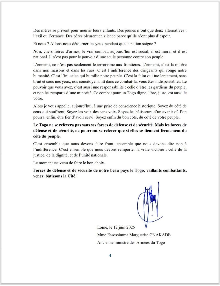 Au #Togo, l’ancienne ministre des armées Marguerite Gnakade fait une nouvelle sortie: “Forces armées et forces de sécurité, répondez à l’appel de la Nation".