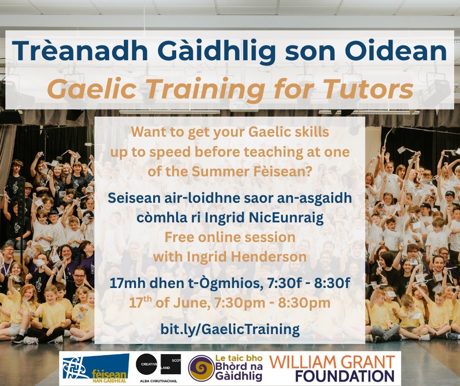 Want to get your Gaelic skills up to speed before being a tutor at one of the Summer Fèisean?

📍Seisean air-loidhne, saor an-asgaidh le  Ingrid Henderson  

bit.ly/GaelicTraining