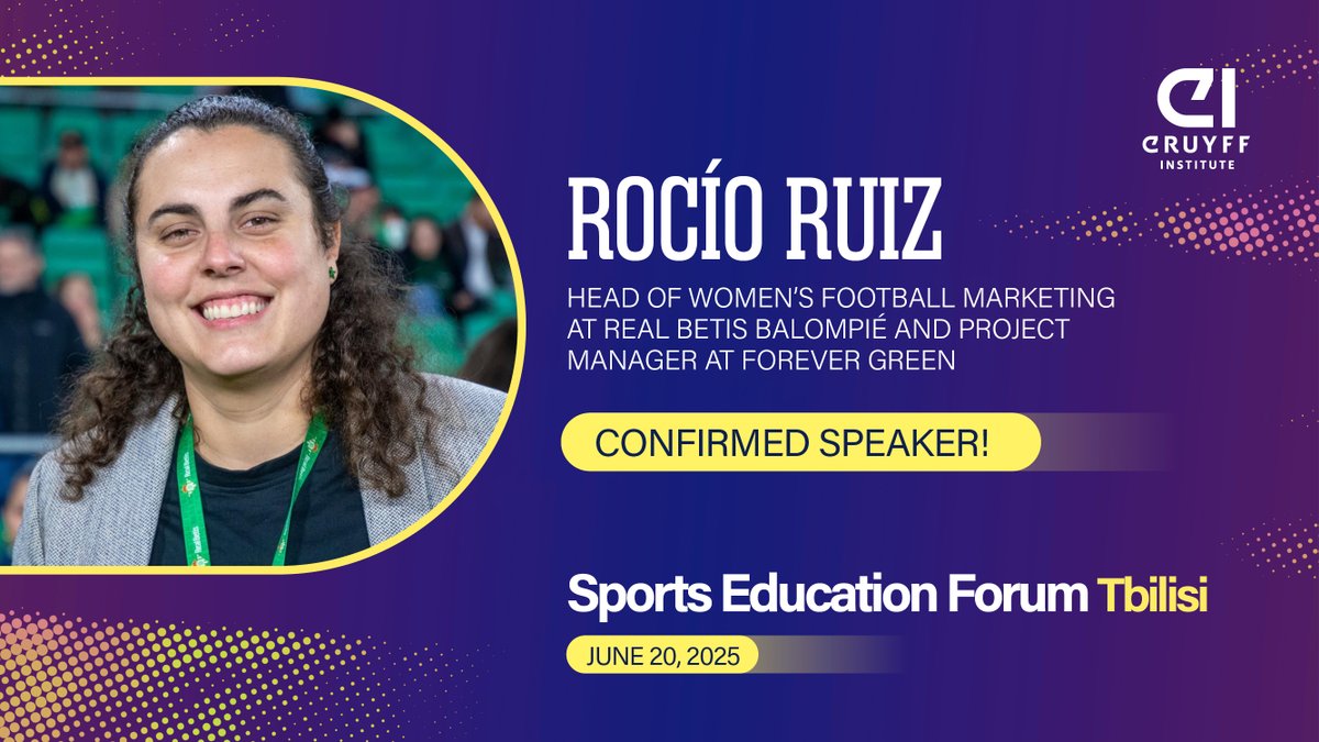 Johan Cruyff Institute ES (@cruyff_inst_es) on Twitter photo Rocío Ruiz-Berdejo, Directora de Marketing en <a href="/RealBetis/">Real Betis Balompié 🌴💚</a>, será ponente en el #SportsEducationForum 2025, el 20 de junio en Tbilisi.
Compartirá sus conocimientos sobre branding deportivo y engagement con los fans en #IndustriaDeportiva.
Más ℹ️: n9.cl/7xanui Rocío Ruiz-Berdejo, Directora de Marketing en <a href="/RealBetis/">Real Betis Balompié 🌴💚</a>, será ponente en el #SportsEducationForum 2025, el 20 de junio en Tbilisi.
Compartirá sus conocimientos sobre branding deportivo y engagement con los fans en #IndustriaDeportiva.
Más ℹ️: n9.cl/7xanui