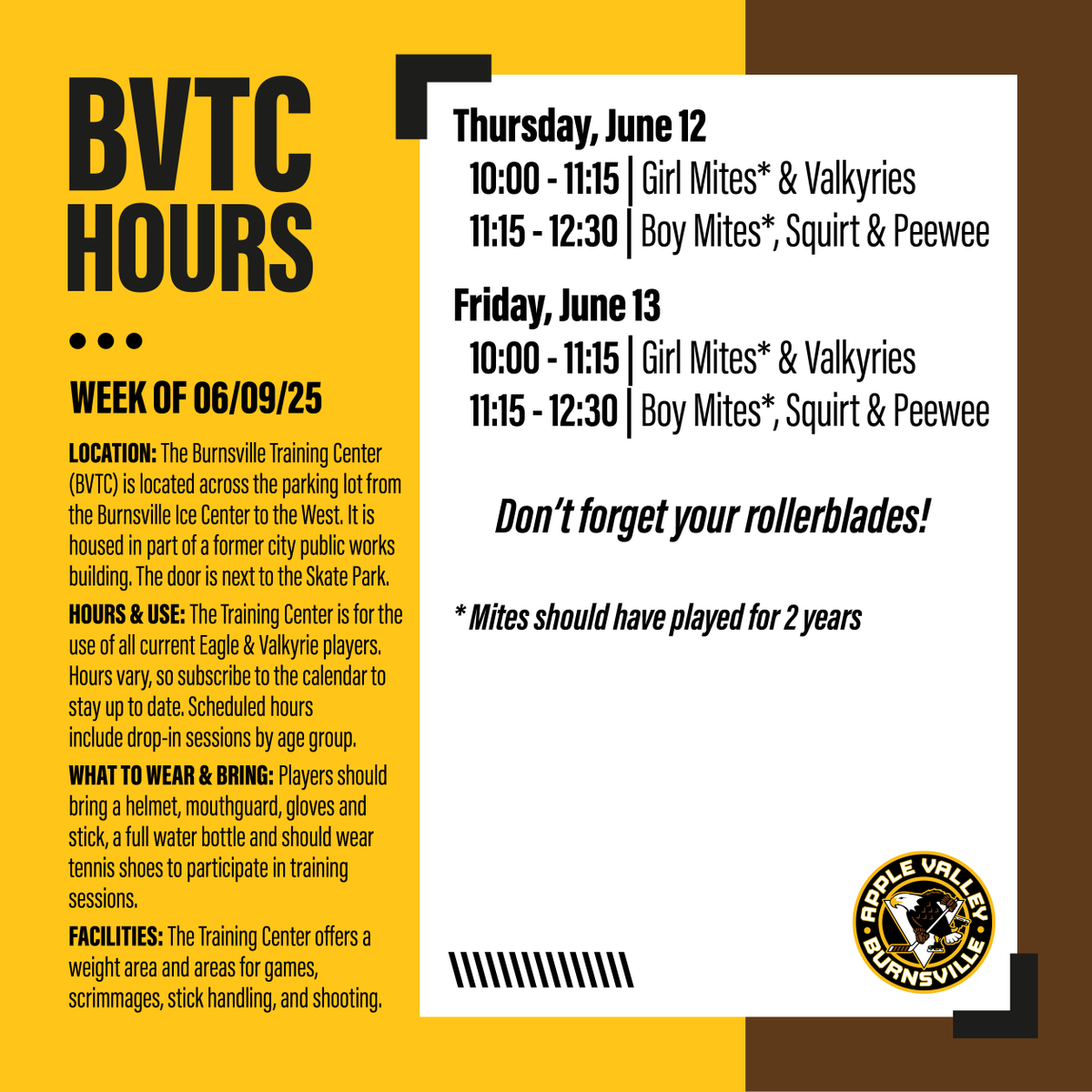 🏒 BVTC HOURS THIS WEEK! 💪🔥
Don't forget your helmet, gloves, stick, water bottle &amp; roller blades! 

See you there! 🦅💪 Full schedule: 👉 avbhockey.com/bvtc
#TrainLikeAnEagle #BVTC #AVBHA