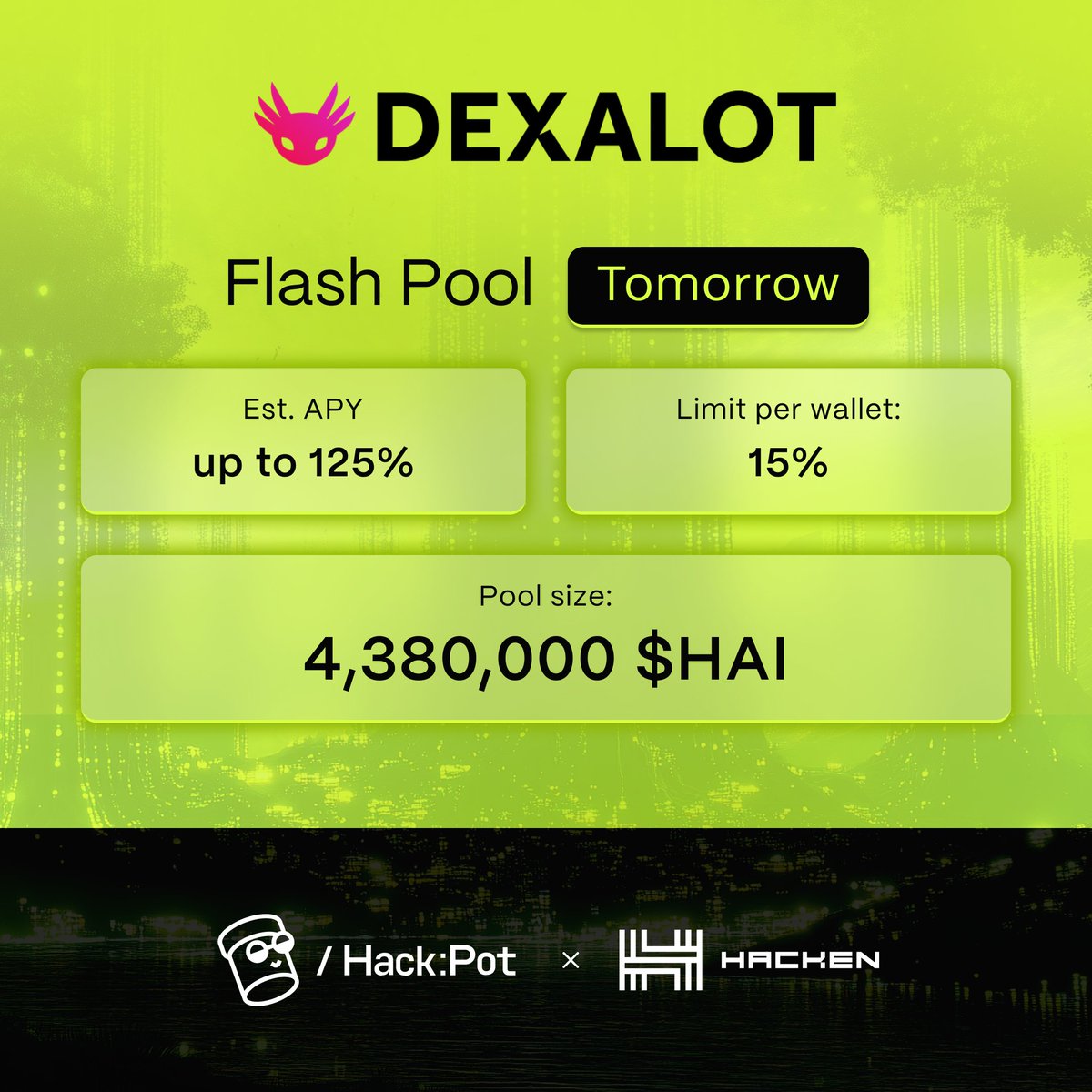 🎉 Kicking off tomorrow: the <a href="/dexalot/">Dexalot</a> Flash Pool on Hack:Pot!
 💎 4,380,000 $HAI up for grabs
 📈 Earn up to 125% APY in just 30 days
 🚫 15% wallet cap to keep it fair for all
 ⏰ Don’t miss it — hackpot.io