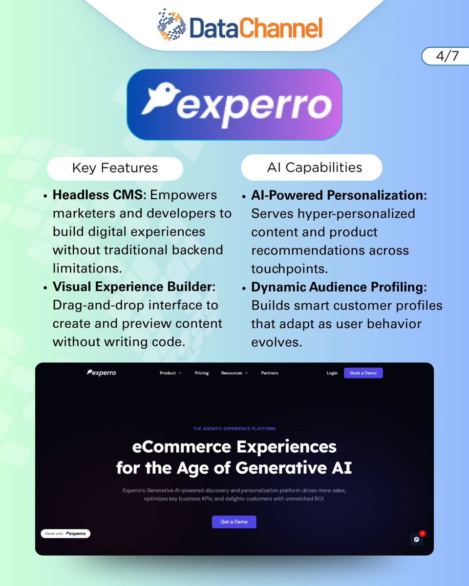MyDataChannel's tweet image. 4. Experro – Delivers #hyperpersonalized experiences 
5. Hotjar – Visualizes user behavior with heatmaps and session recordings 
6. Kissmetrics – Focuses on revenue-impacting metrics with customer-centric tracking
7. Glew.io – Unifies data and leverages AI to…
