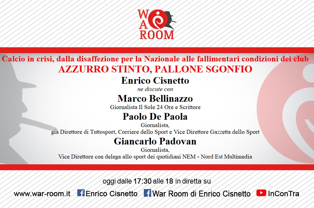 #Calcio in crisi, dalla disaffezione per la #Nazionale  alle fallimentari condizioni dei club AZZURRO STINTO, PALLONE SGONFIO <a href="/ecisnetto/">Enrico Cisnetto</a> con <a href="/MarcoBellinazzo/">Marco Bellinazzo</a> Il Sole 24 Ore e Scrittore, <a href="/pdepaola1/">Paolo De Paola</a> , Giornalista e Giancarlo Padovan, Vice Dir con delega allo sport quotidiani NEM