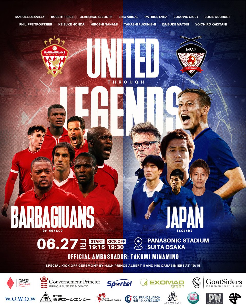 barbagiuansmc's tweet image. We’re proud to announce “UNITED THROUGH LEGENDS”: Barbagiuans Monaco 🆚 Japan Legends on June 27, 2025 – 7:15PM at Panasonic Stadium Osaka!

🎟 Tickets: link in bio.

2025年6月27日19時15分 バルバジアンvs日本レジェンド

#UnitedThroughLegends #BarbagiuansMonaco #JapanLegends