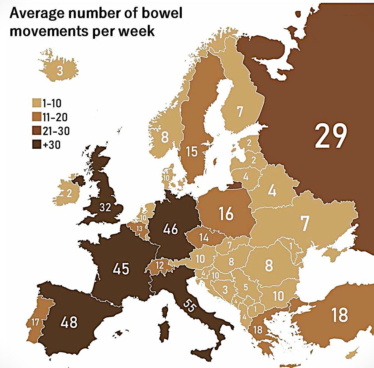 TerribleMaps's tweet image. Map showing the average number of bowel movements per week