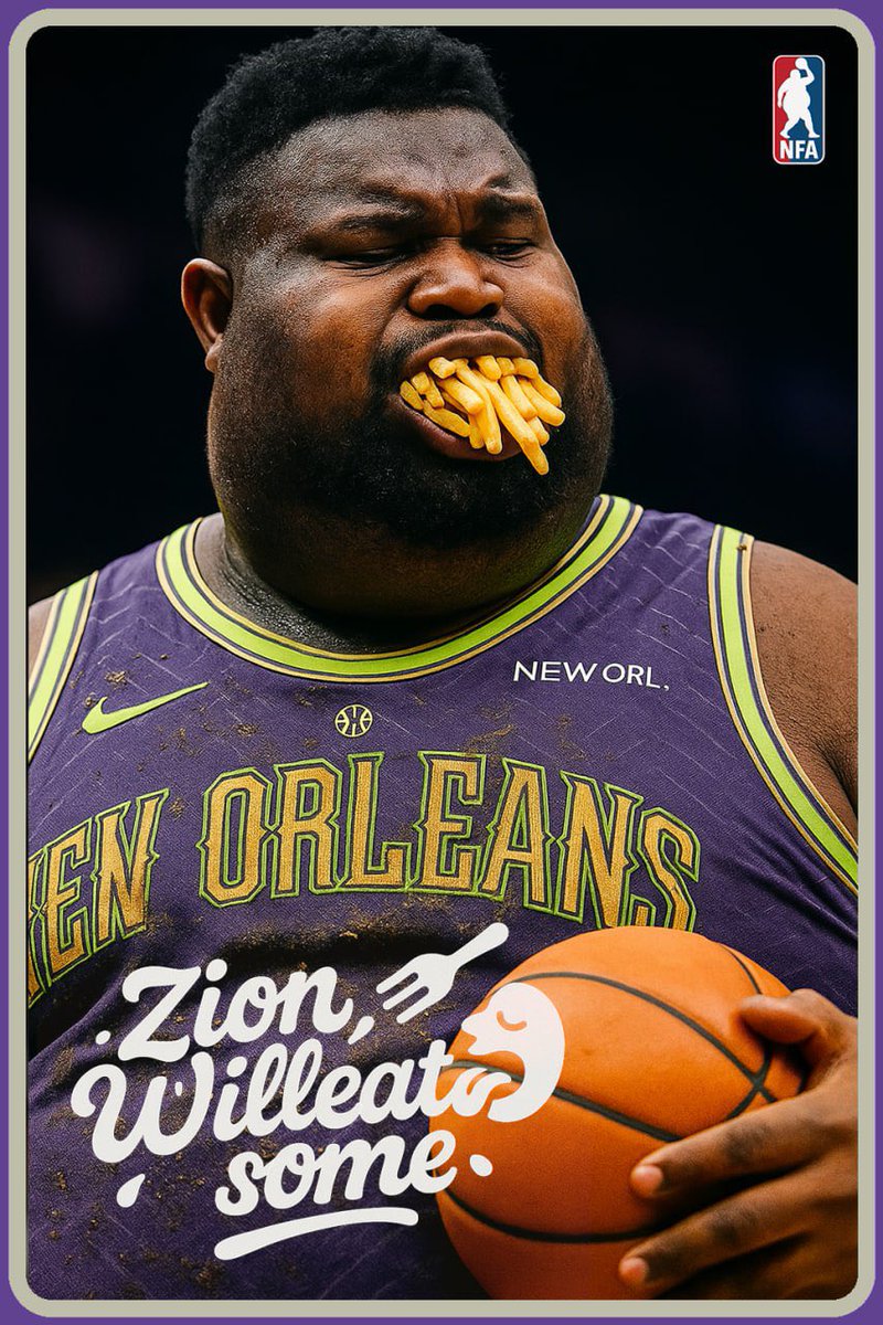 FatFinals's tweet photo. 🏀 Zion Willeatsome
Position: Power Forward, Fry Lover
Team: New Orleans Snackets
Number: 1

🍟 SEASON STATS:
Calories per game: +12,300 kcal
Fries consumed: 487 portions (this season)
Burger combos per week: 23
Blood ketchup level: 68%

@Zionwilliamson https://t.co/98GzRk7xxs