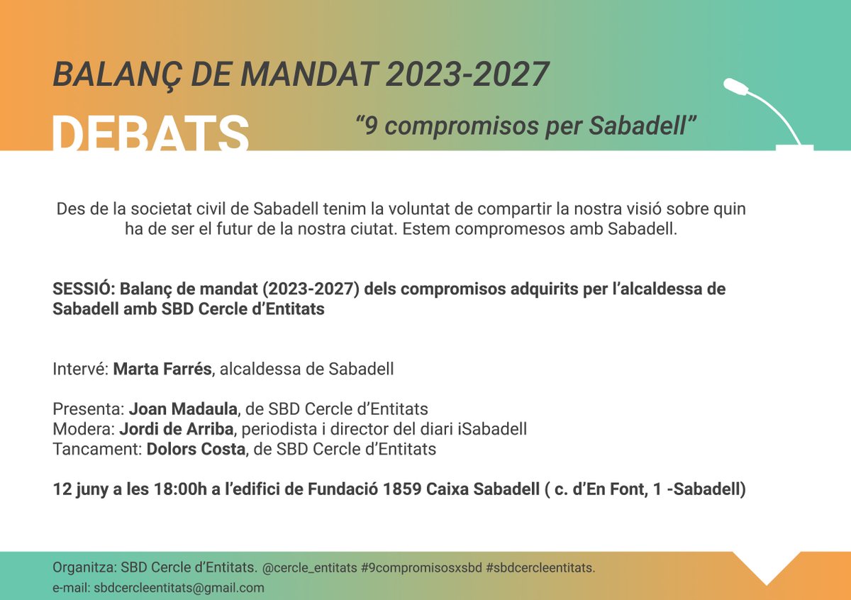 📢 Aquesta tarda us hi esperem!:

Balanç de mandat (2023-2027) en relació als #9compromisosxsbd 

Amb la intervenció de Marta Farrés, alcaldessa de #Sabadell, #cercleentitats i <a href="/JordiSBD/">Jordi de Arriba</a> 

🗓️12/6 ⏰18:00 📍c. d'en Font, 1