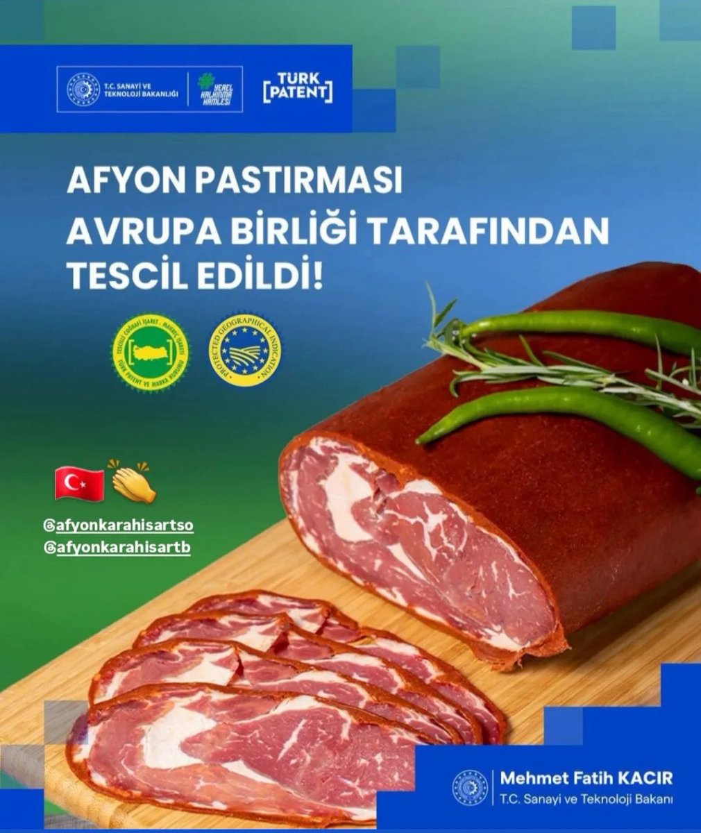 Afyonkarahisar’ımızın eşsiz lezzetleri sucuk ve pastırma, Avrupa Birliği tarafından coğrafi işaret tescili alarak uluslararası alanda tescillenmiş oldu!

Bu önemli adım, hem şehrimizin marka değerini yükseltecek hem de yerli üreticimize büyük katkılar sağlayacak.

📍 Afyon’un