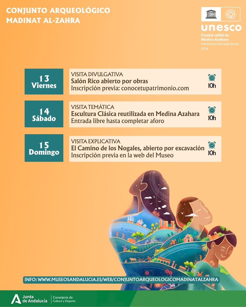🔎 Mañana arrancan las #JEA2025
📢 ¡Últimas plazas disponibles! ¿Te apuntas?
✅ Vie 14 – El Salón Rico, abierto por restauración
✅ Sáb 15 – Escultura clásica reutilizada en Medina Azahara
✅ Dom 16 – El Camino de los Nogales, abierto por excavación
ℹ️ acortar.link/U6rWCH