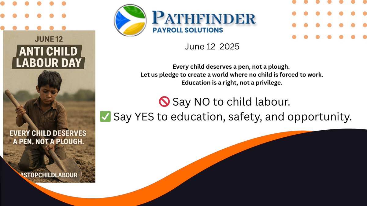 PathfinderPayro's tweet photo. 🛑 June 12 – World Day Against Child Labour 🛑
Let us raise our voices for the millions of children who are denied their right to education, play, and a safe childhood.
👧🏽🧒🏽 Every child deserves a pencil, not a plough.
Say NO to child labour. Say YES to education, hope to future. https://t.co/wawRK465Ez