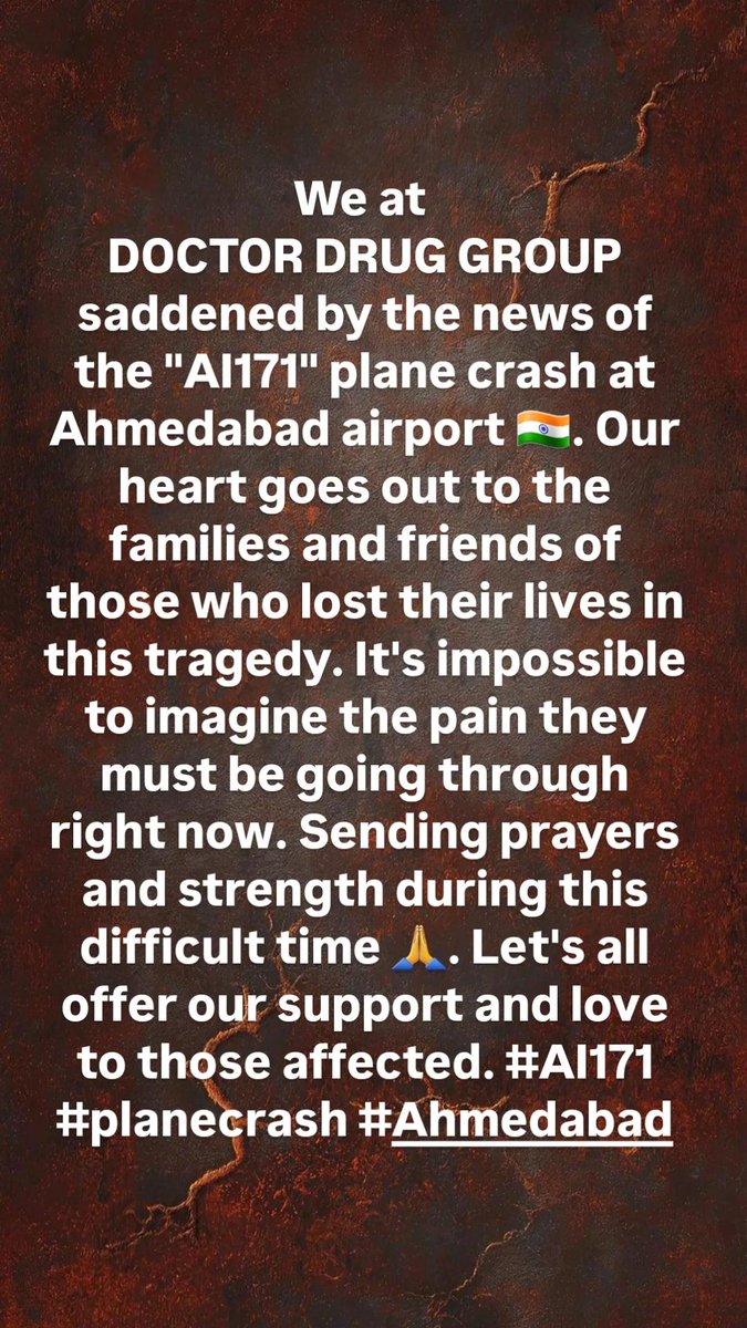TheDoctorDrug's tweet photo. Sending prayers and strength during this difficult time 🙏. Let's all offer our support and love to those affected. #AI171 #planecrash #Ahmedabad https://t.co/NNk7b6cKbV