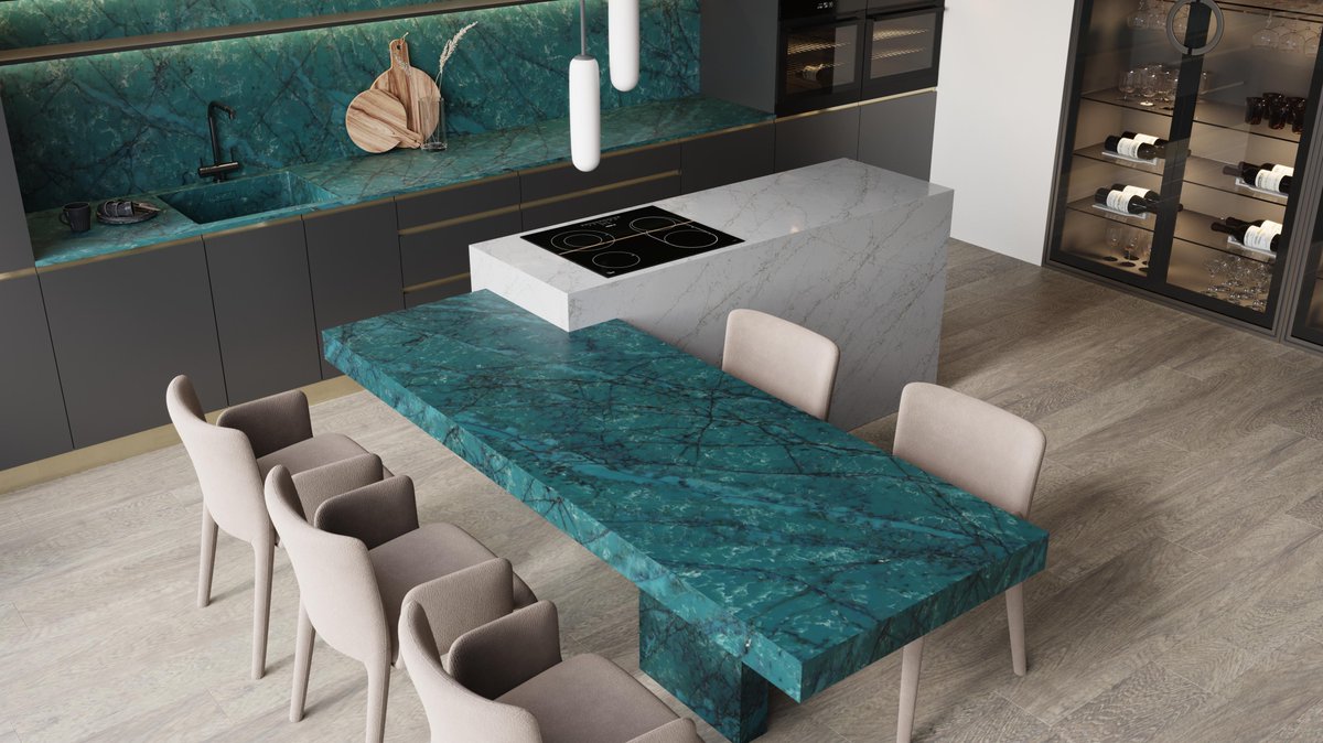 Green evokes a sense of calm, freshness, and organic living. It bridges the gap between the indoors and outdoors, offering a peaceful environment that feels modern yet timeless.
Pictured: CRL Quartz Cristallo Verde

#greenworktops #greeninteriors #quartz