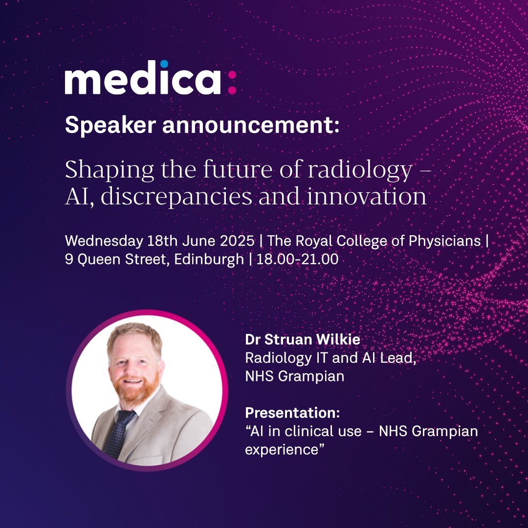 We’re pleased to introduce the final speaker for Shaping the Future of Radiology: AI, Discrepancies, and Innovation — Dr. Struan Wilkie, Radiology IT and AI Lead at NHS Grampian.

Register now to join us in Edinburgh or online: ➡️ medica.co.uk/shaping-the-fu…