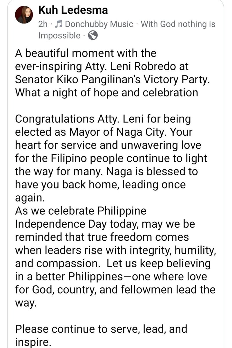 CrushMajor's tweet photo. Congratulations Atty. Leni Robredo for being elected as Mayor of Naga City. Your heart for service and unwavering love for the Filipino people continue to light the way for many. Naga is blessed to have you back home...

Please continue to serve, lead, and inspire.

- Kuh Ledesma https://t.co/K9SWR3Z5al