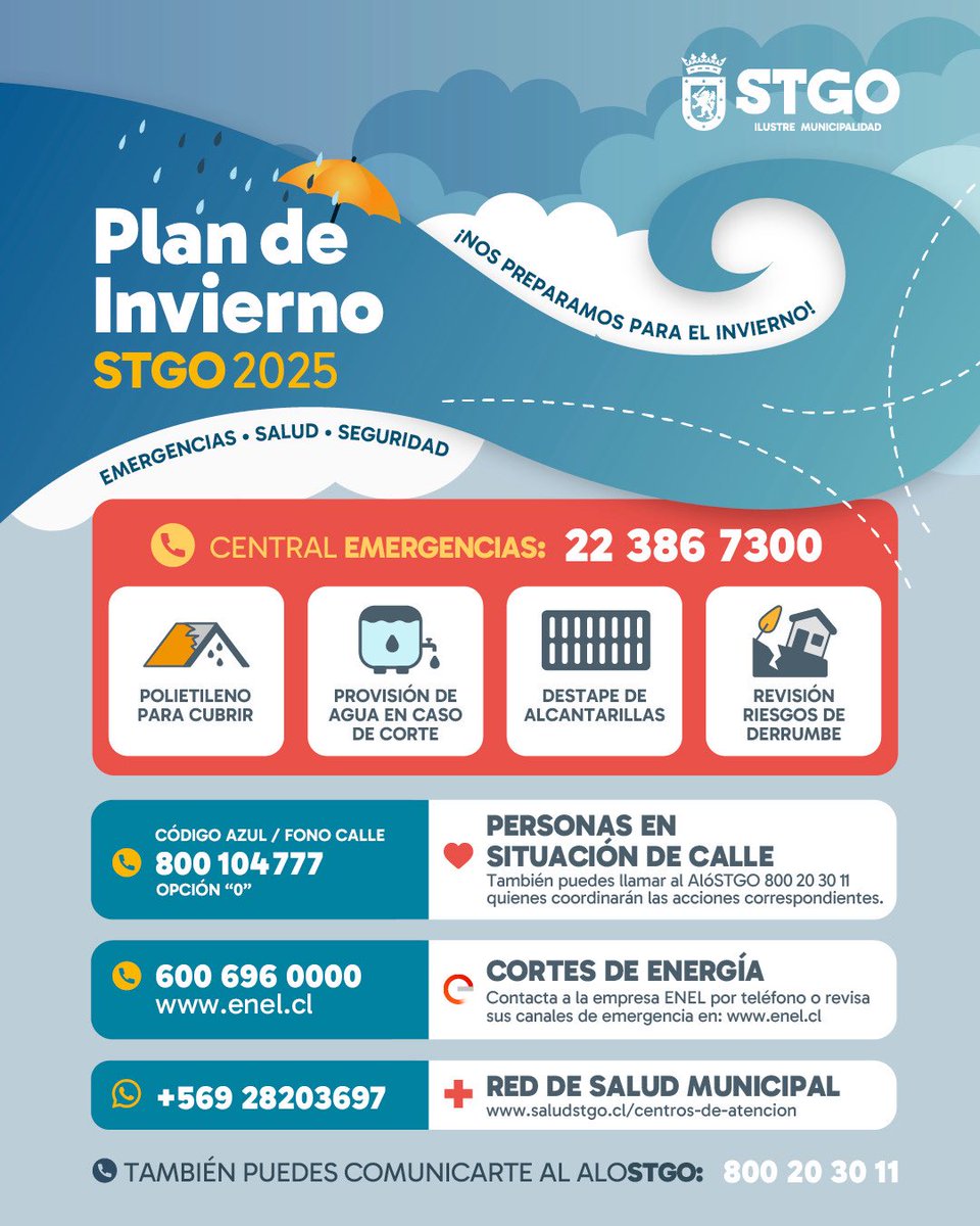 Si presentas un problema debido a la lluvia o intensos vientos, llama a la Central Emergencias: 22 386 7300 📲

Los equipos municipales ya se encuentran desplegados para asistir a vecinos durante el sistema frontal 🌧️
