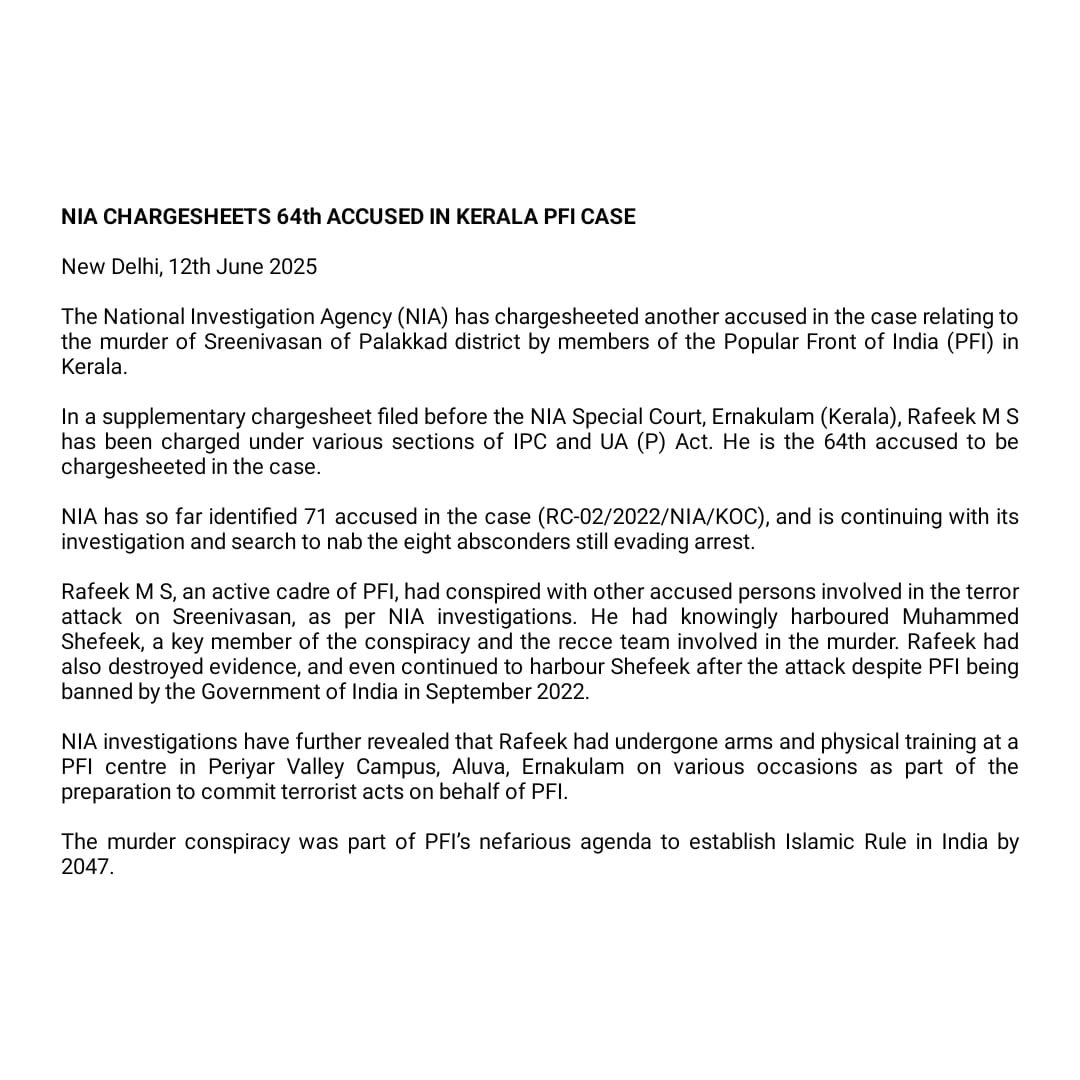 NIA Chargesheets 64th Accused in Kerala PFI Case