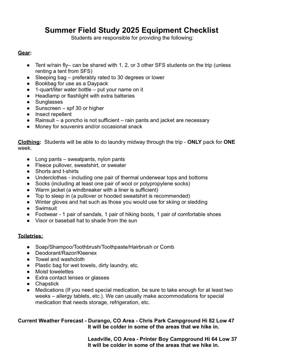 Here’s another look at the packing list for this year! 🧢🥾🧤 Please don’t forget gear drop off is this Friday from 6-8 PM at either Roncalli (door 15) or Bishop Chatard (parking lot). 🎒⛺️ Please reach out if you have any questions!

🌎 #summerfieldstudies25 🌿
