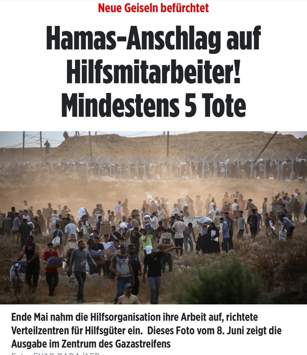 Palästinensische Hamas-Terroristen ermorden Palästinensische Hilfsmitarbeiter in #Gaza , die Nahrung an die Gazaner verteilen.
Wen juckt das in der deutschen Medienlandschaft außer BILD?
Sagt ihr es mir.