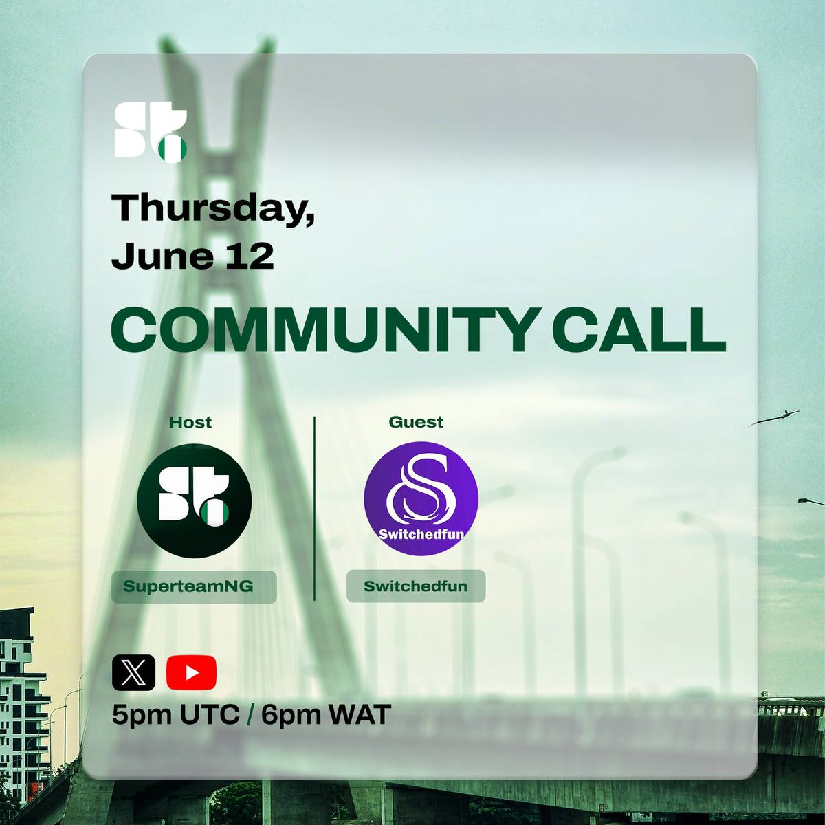 switchedfun's tweet photo. Big news ๐จ
@switchedfun will be LIVE on the @SuperteamNG Community Call this Thursday, June 12.
Weโll be talking onchain livestreaming, creator tools, and whatโs next for Web3 content.
#SuperteamNG #Switchedfun https://t.co/NqHSv9RDRH