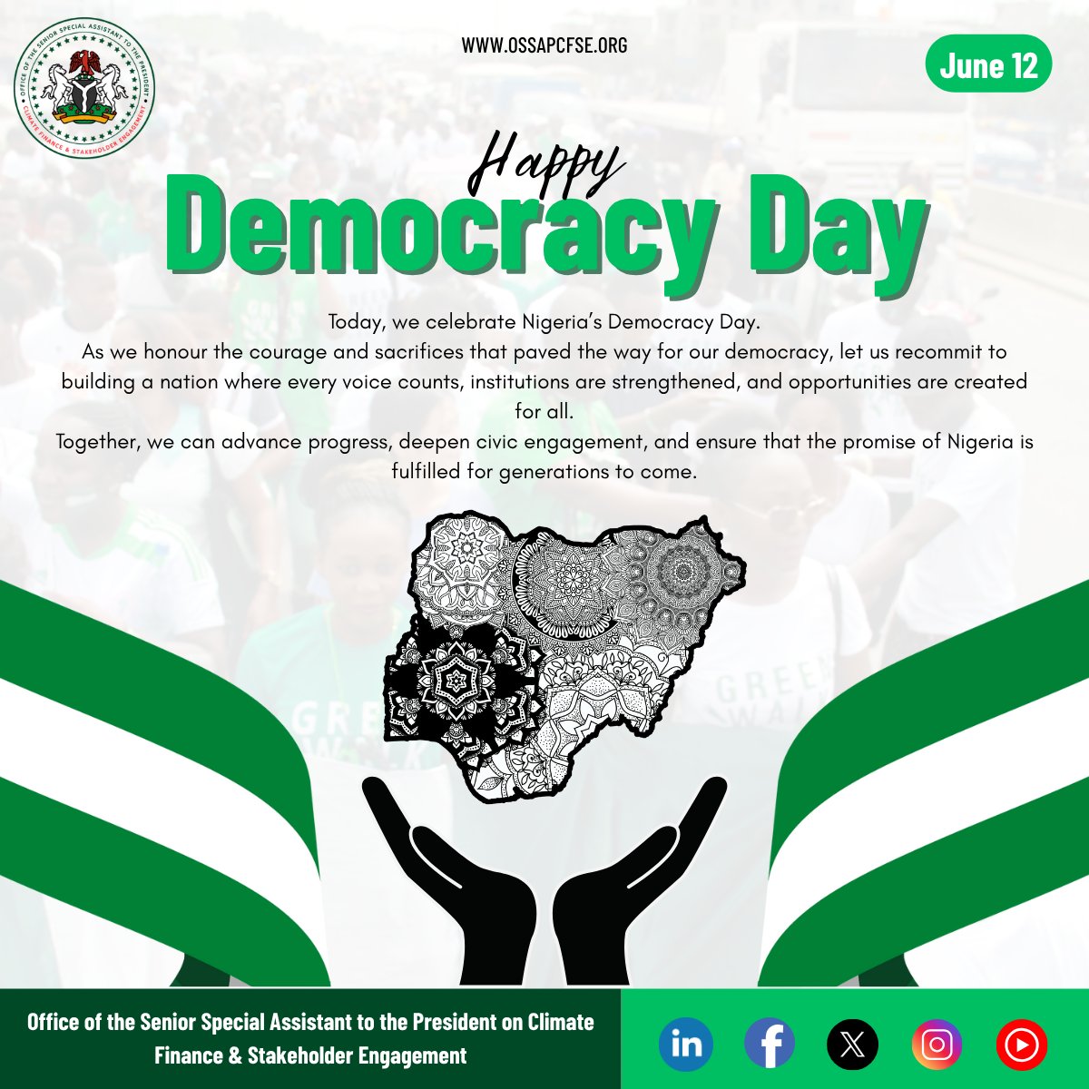 ossapcfse's tweet image. Today, we celebrate Nigeria’s Democracy Day.

As we honour the courage and sacrifices that paved the way for our democracy, let us recommit to building a nation where every voice counts, institutions are strengthened, and opportunities are created for all.

Happy Democracy Day!