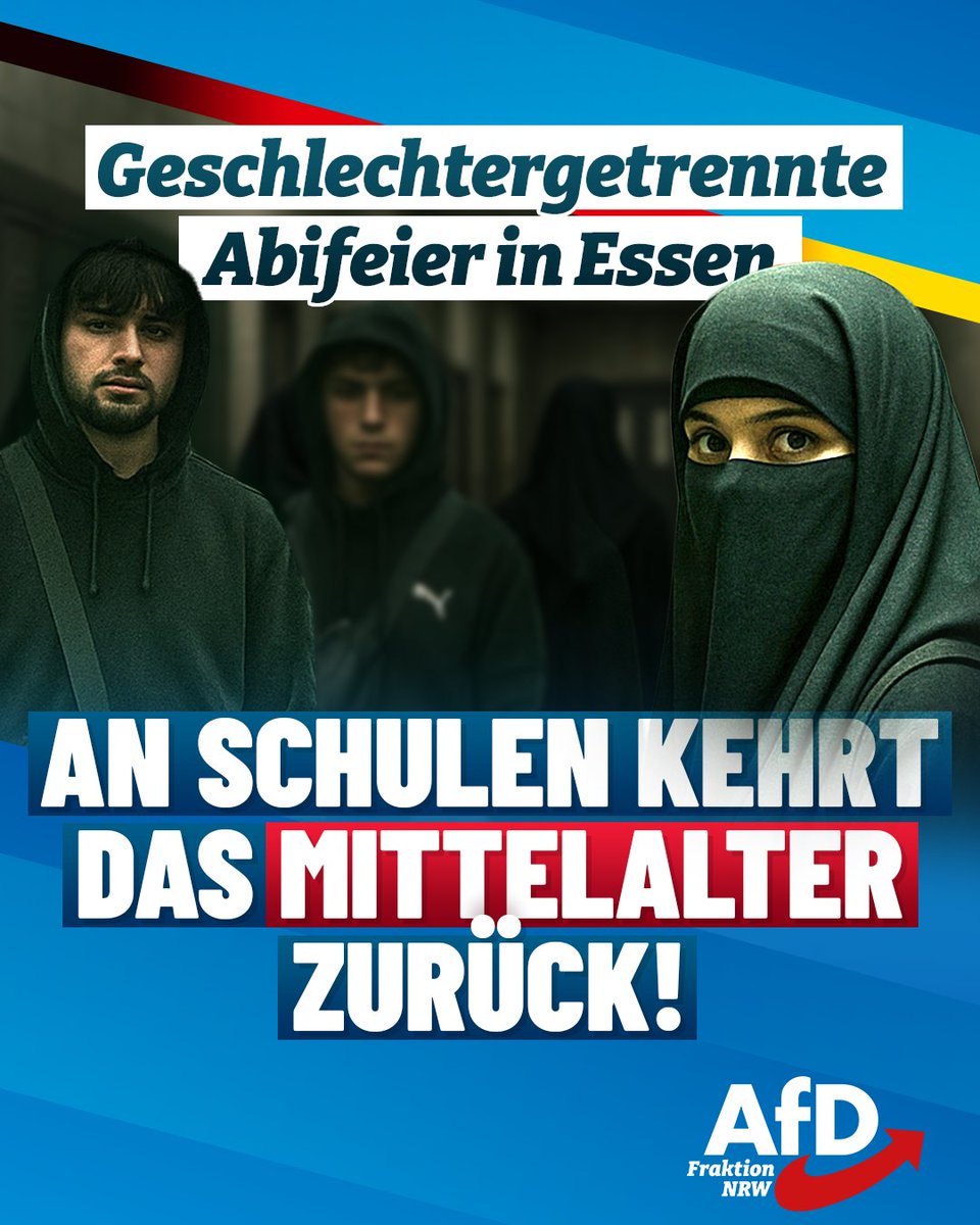 AfD_FraktionNRW's tweet photo. ++ Das Mittelalter kehrt ans Essener Gymnasium zurück ++

Mit dem Abiball feiern Schülerinnen und Schüler traditionell ihren Abschluss am Gymnasium. Das sollte auch in Essen so sein, doch in diesem Jahr ist alles anders. Nach einem Bericht der „WAZ“ planten Schüler mit radikalen islamischen Glaubensvorstellungen, im Rahmen der Feier eine Geschlechtertrennung durchzusetzen.

„Es ist nur noch erschütternd mit anzusehen, was die von der CDU gewollte Zuwanderung illegaler Fremder an unseren Schulen auslöst“, kommentiert @ChristianBlex, schulpolitischer Sprecher der AfD-Landtagsfraktion. „Fälle wie dieser sind ein zivilisatorischer Rückfall ins Mittelalter, und wir erleben das an Schulen immer häufiger – zumal wir hier sogar von einem Gymnasium sprechen. Ist das unsere künftige Bildungselite?“

„Schüler mit einem solchen Weltbild haben nichts an unseren Schulen verloren, doch statt hier endlich durchzugreifen, lässt die CDU weiter kulturferne Fremde in unser Land“, kritisiert der Abgeordnete.