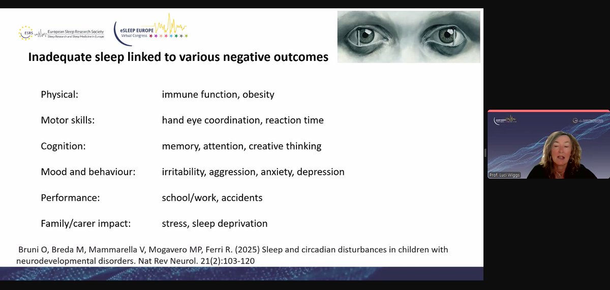 Keynote Lecture: Prof. Dr. Luci Wiggs is presenting latest findings on how to manage paediatric insomnia in clinical settings, bridging gaps in care for neurodivergent children. 

 #eSleepEurope2025 #ESRS