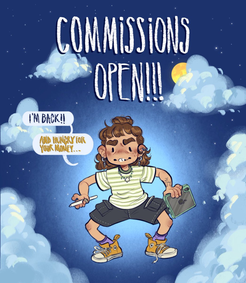 Hi!! Sorry I disappeared (it will happen again). I've been meaning to re-open commissions for a while now, I hope you guys are as excited as I am 🙂‍↕️ Can't wait to draw you or your ocs
RTs are super appreciated ✨