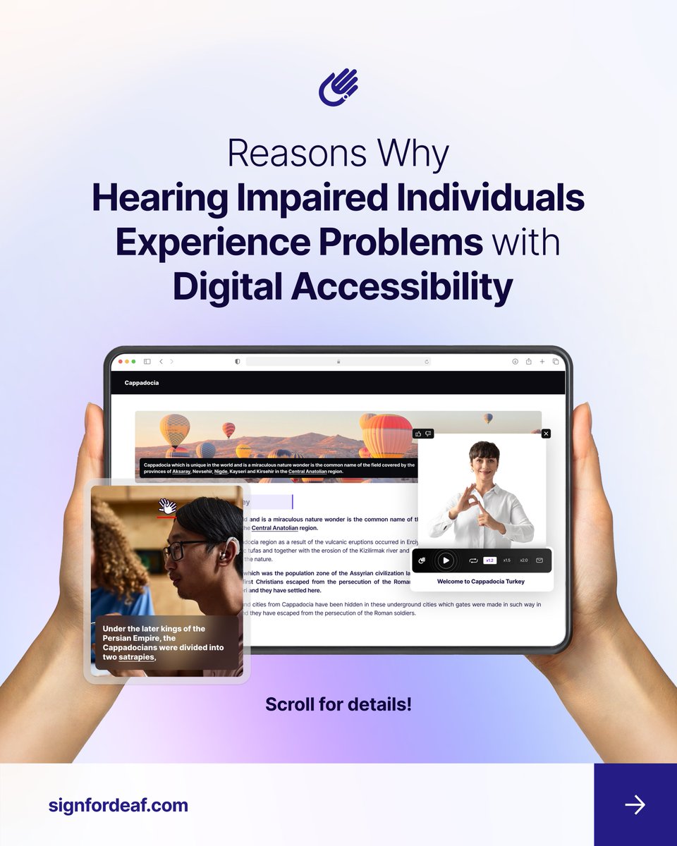 signfordeaf's tweet photo. While today's world is advancing with #technology and #digitalization is increasing, why do you think people with hearing impairments experience #problems with #digital accessibility?
#SignforDeaf #AccessibilityForAll #DigitalAccessibility #AI #signlanguage #deaflife https://t.co/1yehA6X3GI