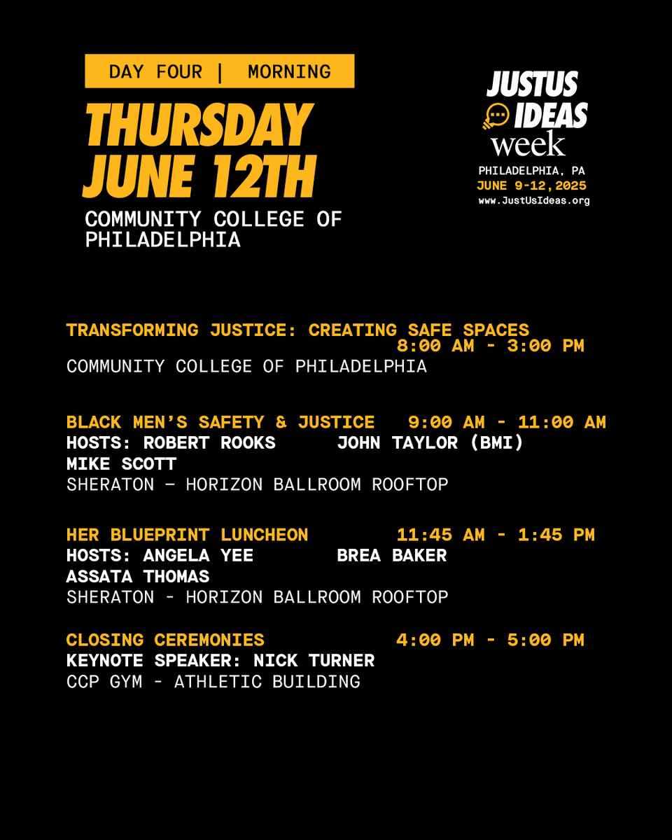 JustUsIdeas's tweet photo. It’s the final day of JustUs Ideas Week—don’t miss this.
Today is not the end—it’s the charge forward.
Show up. Stay present. Bring that energy.
The movement is alive because you are.
Here’s what’s ahead for Thursday, June 12th:
#JustUsIdeas
https://t.co/9zdOa3ROdq https://t.co/qJ6hoAqVV7