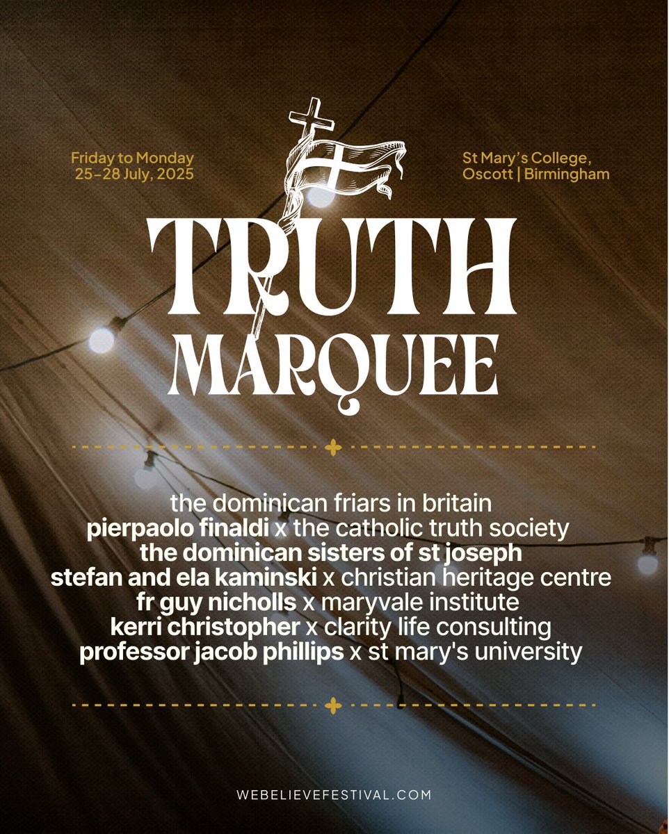 Our first venue line-up! Here's what you can expect from the Truth Marquee!

The Truth Marquee is brought to you by: <a href="/English_OP/">English Dominicans</a> <a href="/pierpaolofinal1/">Pierpaolo Finaldi</a> <a href="/CTSpublishers/">Catholic Truth Society</a> <a href="/DomSrStJoseph/">Dominican Sisters</a> <a href="/CHCStonyhurst/">Christian Heritage Centre</a> <a href="/MaryvaleInst/">Maryvale Institute</a> <a href="/Counteredlogos/">Jacob Phillips</a> <a href="/YourStMarys/">St Mary's University</a> &amp; many more.

Tickets: webelievefestival.com