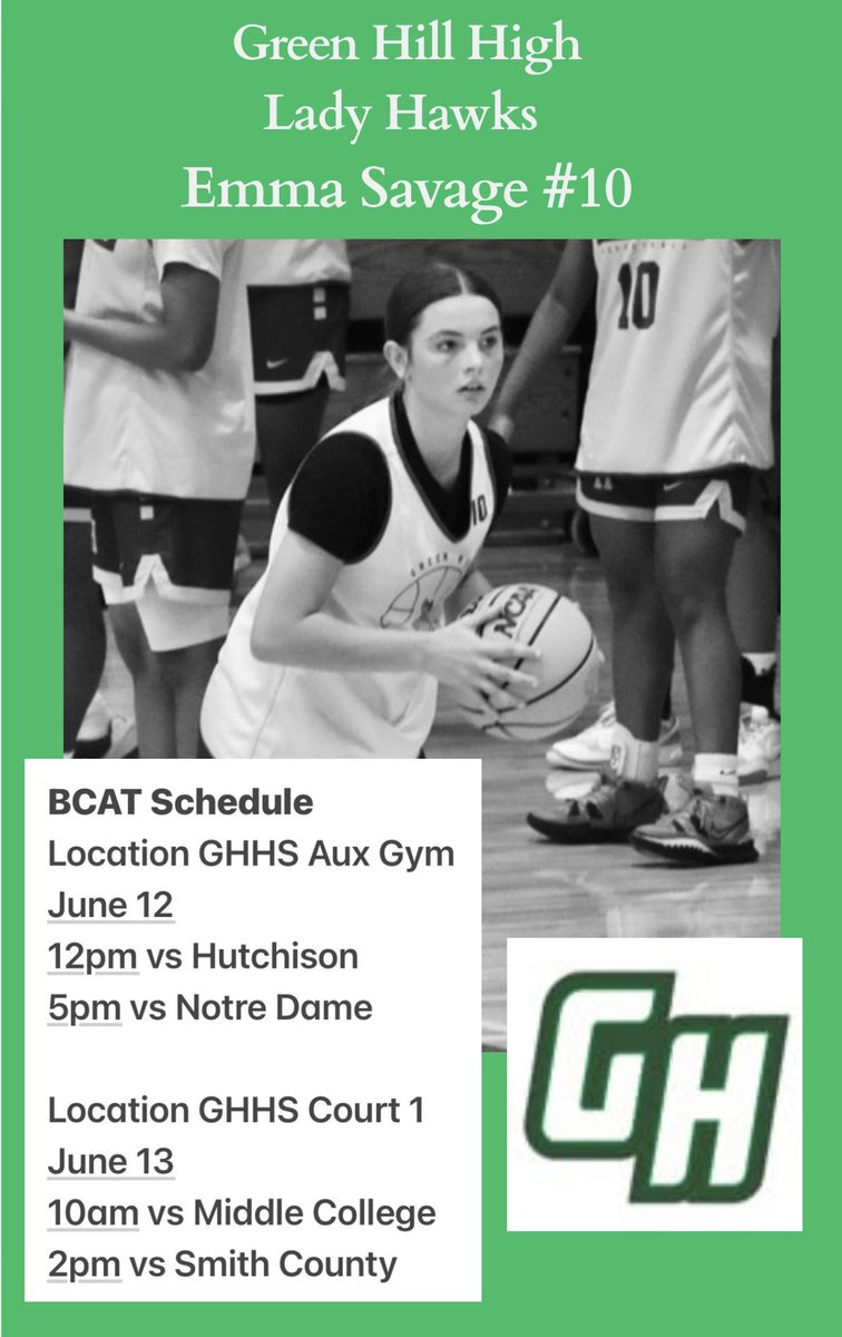 Christina Savage (@christinas37122) on Twitter photo BCAT starts at GHHS today!! And Green Hill is the place to be today and tomorrow! Come check out your Green Hill Lady Hawks Basketball team! <a href="/emmaesavage/">Emma Savage</a> BCAT starts at GHHS today!! And Green Hill is the place to be today and tomorrow! Come check out your Green Hill Lady Hawks Basketball team! <a href="/emmaesavage/">Emma Savage</a>