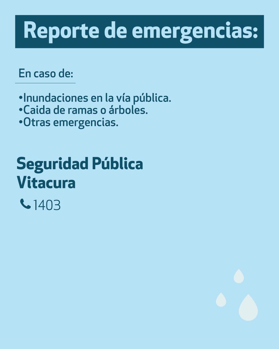 📢 ¿Emergencia o corte de suministro? ¡Aquí tienes los contactos clave! 🌧️⚡

📞 Emergencias en Vitacura: llama al 1403, línea directa con la Municipalidad.

🔌 Corte de luz:
Enel vía WhatsApp 👉 +56 9 9444 7606

🚰 Corte de agua:
Aguas Andinas vía WhatsApp 👉 +56 9 6299 2997