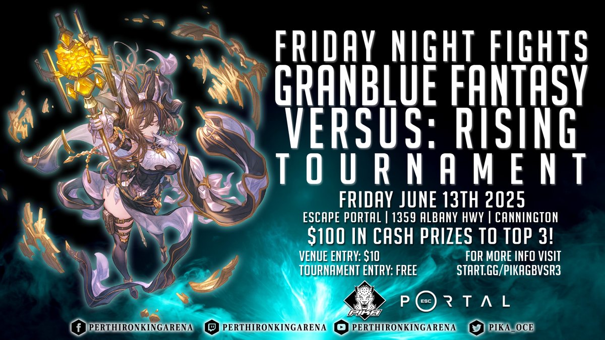 Friday Night Fights is on as usual tomorrow from 6PM until 1AM at Escape Portal. Come play fighting games with the Perth community!

This week we'll also have a tournament for Granblue Fantasy Versus Rising! Entry is free after paying for casuals! start.gg/pikagbvsr3