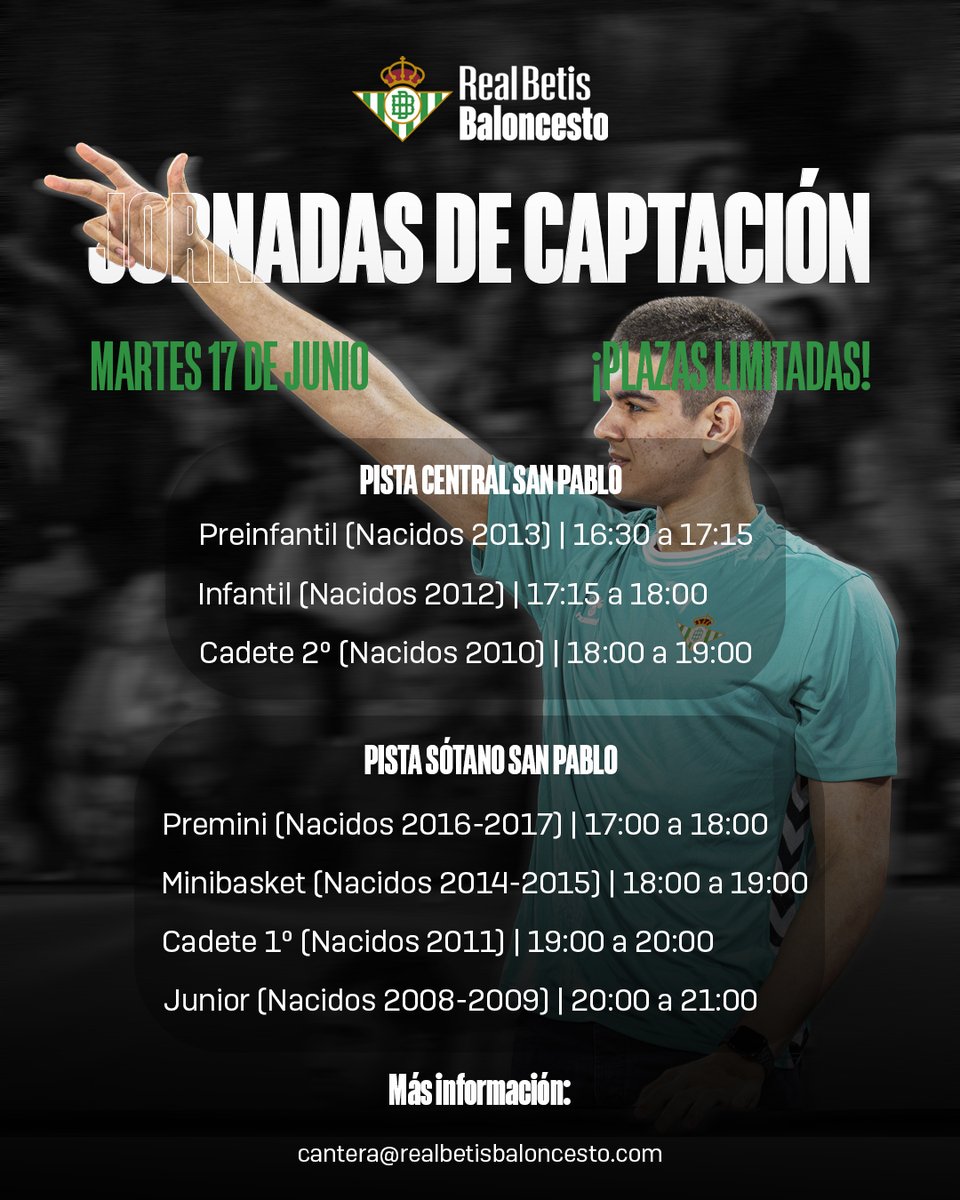 🔜¡Arrancamos nuestras 𝑱𝒐𝒓𝒏𝒂𝒅𝒂𝒔 𝒅𝒆 𝑪𝒂𝒑𝒕𝒂𝒄𝒊𝒐́𝒏!

Si has nacido entre 2008 y 2017 y sueñas con formar parte del Real Betis Baloncesto… ¡Esta es tu oportunidad! 👇

📅 Martes 17 de junio
📍 Instalaciones de San Pablo
🕒 Consulta los horarios según tu año de