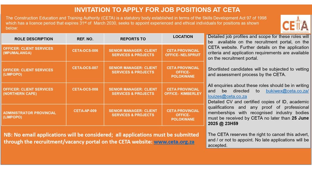Officer: Client Services x3 posts 
Administrator 

Construction Education and Training Authority (CETA) 

 25 June 2025 

To apply click on the link below 
ceta.mcidirecthire.com/External/Curre…