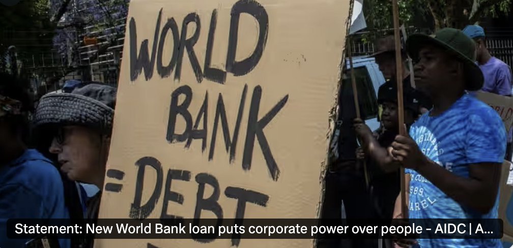 AIDC_RSA's tweet image. 🚨𝗦𝗧𝗔𝗧𝗘𝗠𝗘𝗡𝗧: AIDC expresses deep concern over the World Bank’s approval of a $1.5 billion loan to South Africa. This move, backed by @TreasuryRSA, signals a troubling shift towards the privatisation of essential public assets and services. Read our full statement linked…
