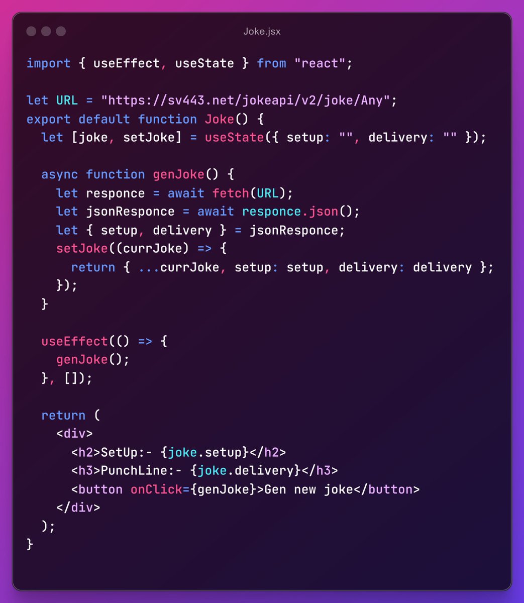 YashwardhanSt's tweet photo. 🎯 #Day50 of #100DaysOfCode

Today, I dove into useEffect in React and its dependencies! I created a joke-generating API that fetches and displays the first joke on the page. 

Loved how React handles side effects and re-renders! 

#React #useEffect #100DaysOfCode #JavaScript https://t.co/JyoGrk08Uz