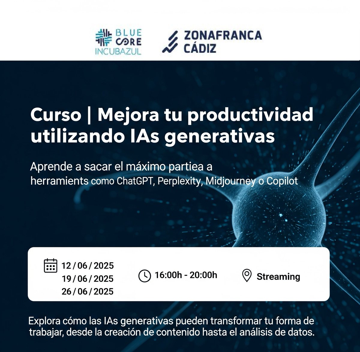 ¿Quieres mejora tu productividad utilizando #IA #generativas? 

Últimas horas para inscribirse al curso #BlueCore #Incubazul: "Mejora tu productividad utilizando IAs generativas"  🕘 12, 19 y 26 de junio de 16:00h a 20:00h vía streaming  

Inscríbete 👇zfbluecore.es/actividades/cu…