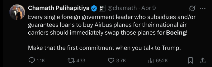 mitgeniusz's tweet photo. Chamath wanted everyone to fly Boeing over Airbus. #NeverForget #Scamath https://t.co/vEXQmolZsk