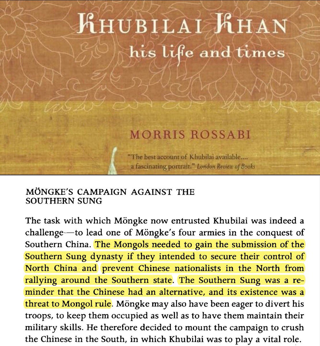 Монголчууд Умард Хятад дахь засаглалаа бэхлэх, умард дахь Хятадын үндэсний үзэлтнүүд Өмнөдийн улсыг хүрээлэн нягтрахыг болиулахын тулд Өмнөд Сүн улсыг эрхэндээ оруулах хэрэгтэй бв. Өмнөд Сүн нь Хятадуудад өөр хувилбар бий гэх сануулга, тиймээс Монголын засаглалд заналхийлэл бв.