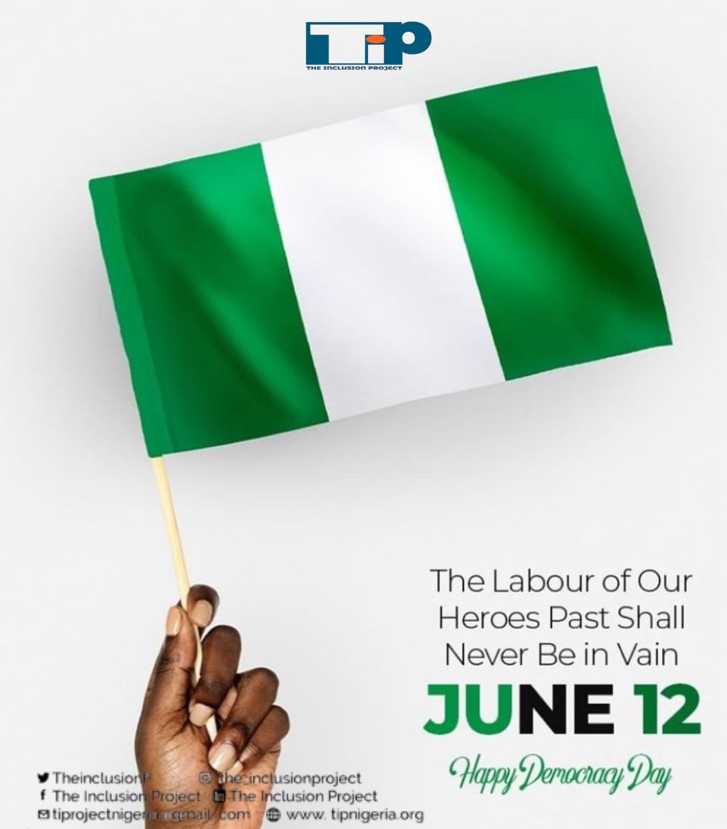 TheinclusionP's tweet image. As we celebrate June 12, Nigeria’s Democracy Day, let us uphold the values of justice, equality, and civic participation. Together, we must ensure “the labour of our heroes past shall never be in vain.”

Happy Democracy Day!
#DemocracyDay
#June12
#TheInclusionProject
