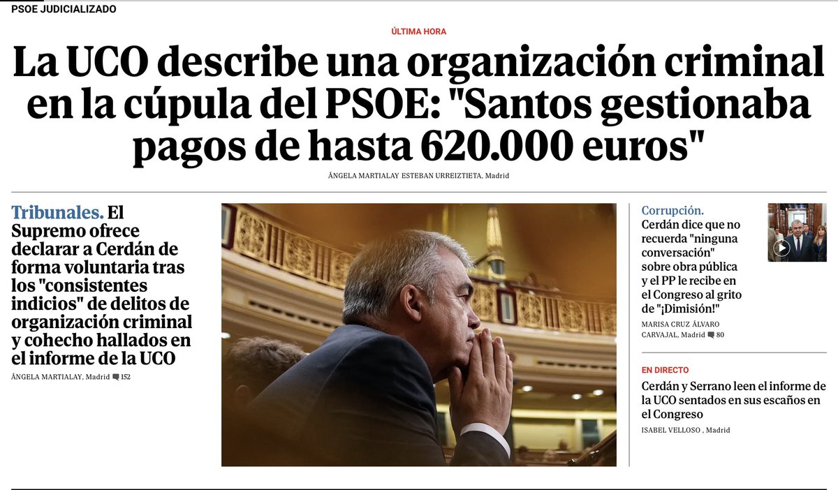 La Guardia Civil afirma en el informe de la UCO que en la cúpula del PSOE varios de sus líderes; Ábalos, Koldo y Santos Cerdán, constituían una organización criminal. Los tres funcionaban como una mafia que se enriquecía con sobornos de contrataciones de obra pública