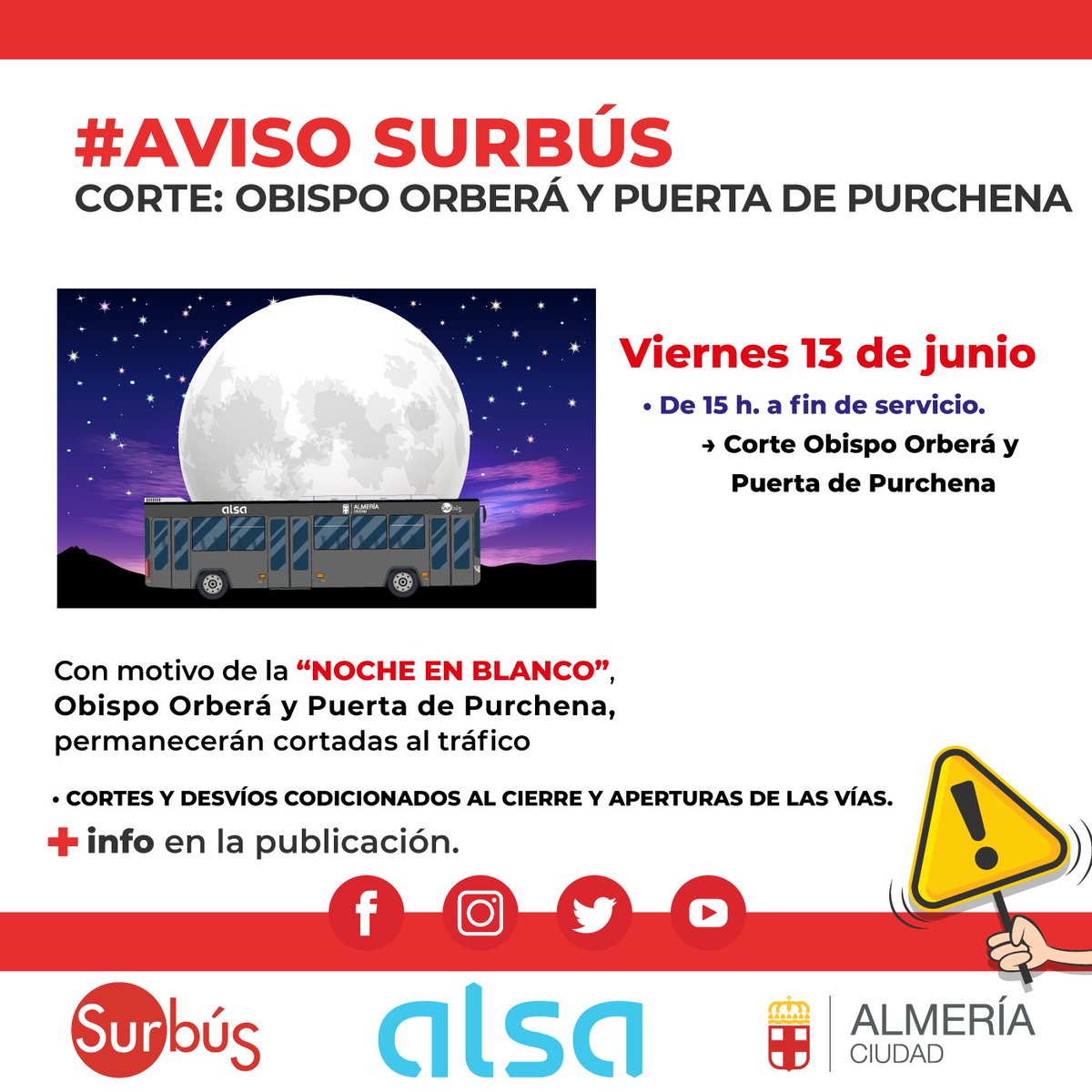 ℹ️ surbusalmeria.es/avisos
Informamos que mañana, con motivo de "La Noche en Blanco", se producirán desvíos en la L1 y L18 provocados por los cortes de tráfico en Obispo Orberá y Puerta de Purchena.
👉 Consulta nuestros avisos 
<a href="/aytoalm/">Ayuntamiento de Almería</a>  <a href="/Alsa_autobuses/">Alsa</a>  <a href="/ualestudiantes/">UAL Estudiantes</a>