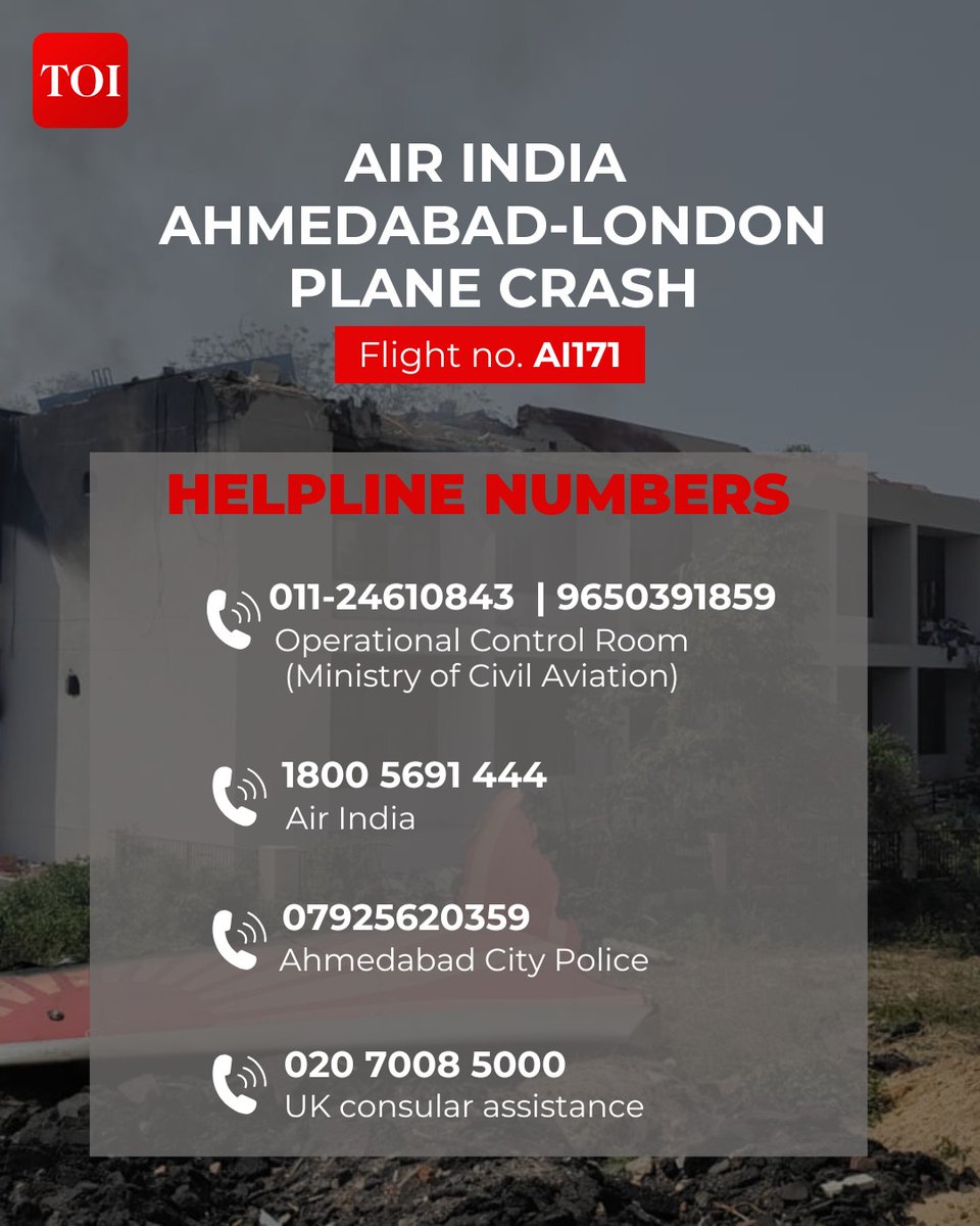 timesofindia's tweet photo. Helpline numbers released after London-bound Air India plane with over 240 onboard crashes in Ahmedabad

The aircraft, carrying 242 people including 230 passengers and 12 crew members, crashed in the Meghani area. For any assistance, please reach to the numbers mentioned below 👇

#airindia #airindiacrash #Ahmedabad #planecrash #gujarat